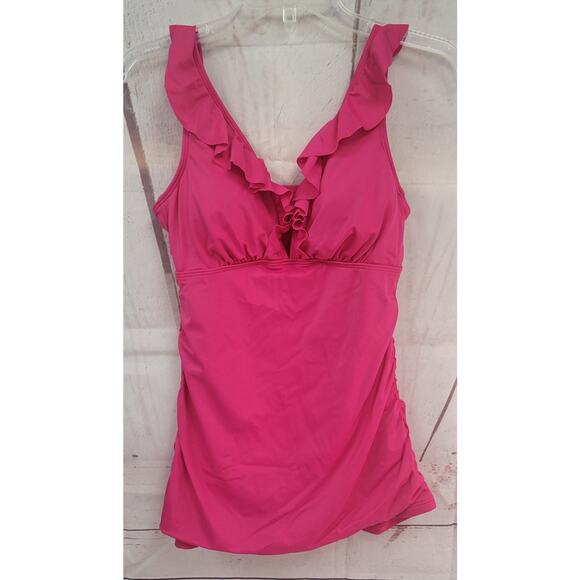 Women's Ruffle Flounce Tankini Top - Shade & Shore  Pink L: Adjustable Straps - Picture 2 of 9